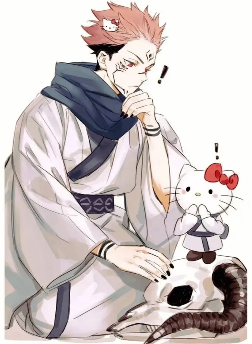 ryoumen sukuna and hello kitty (jujutsu kaisen and 2 more) drawn by dlti10