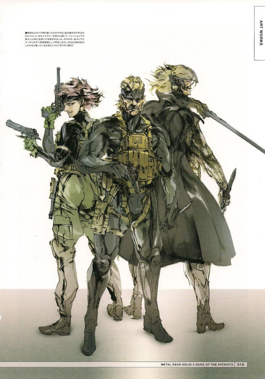 solid snake, raiden, old snake, and meryl silverburgh (metal gear and 1 more) drawn by shinkawa_youji