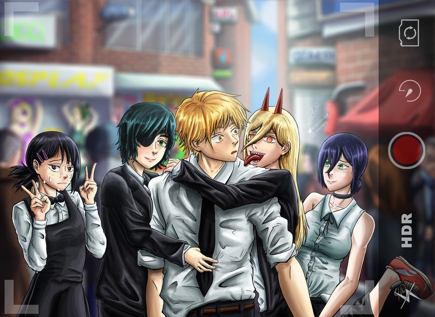 power, denji, reze, higashiyama kobeni, and himeno (chainsaw man) drawn by rob012dostuff