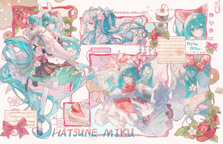 hatsune miku and strawberry miku (vocaloid and 3 more) drawn by maccha_(mochancc)