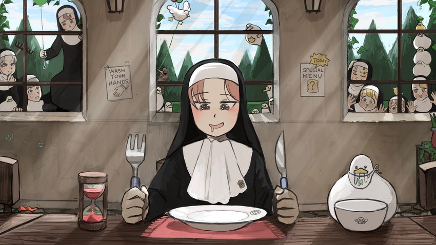 clumsy nun, froggy nun, spicy nun, strict nun, sheep nun, and 3 more (little nuns) drawn by diva_(hyxpk)