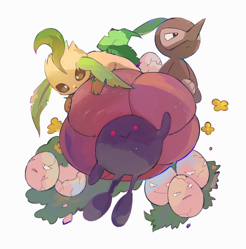 leafeon, vileplume, exeggcute, and nuzleaf (pokemon) drawn by cyauken_(ouahloup)