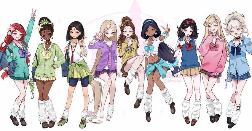 ariel, rapunzel, snow white, jasmine, belle, and 4 more (disney and 10 more) drawn by ompf