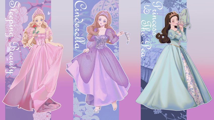 cinderella, barbie, sleeping beauty, sleeping beauty barbie, cinderella barbie, and 1 more (barbie and 4 more) drawn by okitafuji