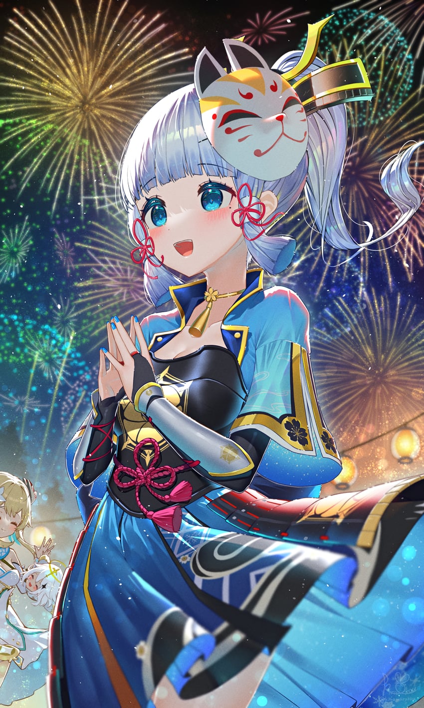 lumine, paimon, and kamisato ayaka (genshin impact) drawn by kiramarukou
