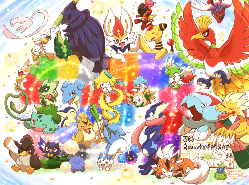 pikachu, eevee, rowlet, bulbasaur, squirtle, and 37 more (pokemon) drawn by shuri_(syurigame)