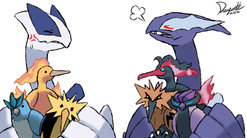 lugia, articuno, zapdos, moltres, galarian moltres, and 3 more (pokemon and 1 more) drawn by dragonith