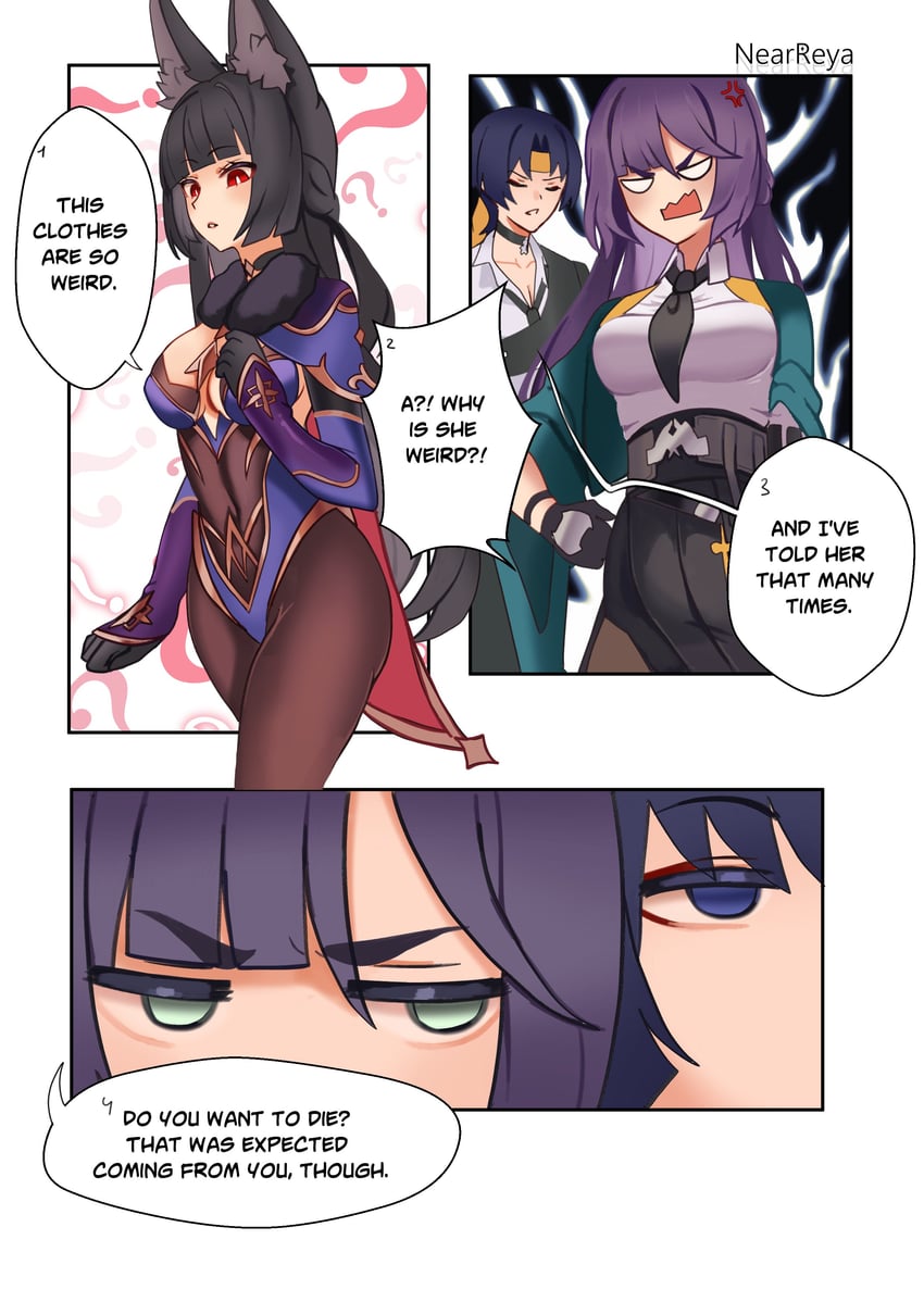 scaramouche, wanderer, mona, hoshimi miyabi, asaba harumasa, and 1 more (genshin impact and 2 more) drawn by by_nearreya