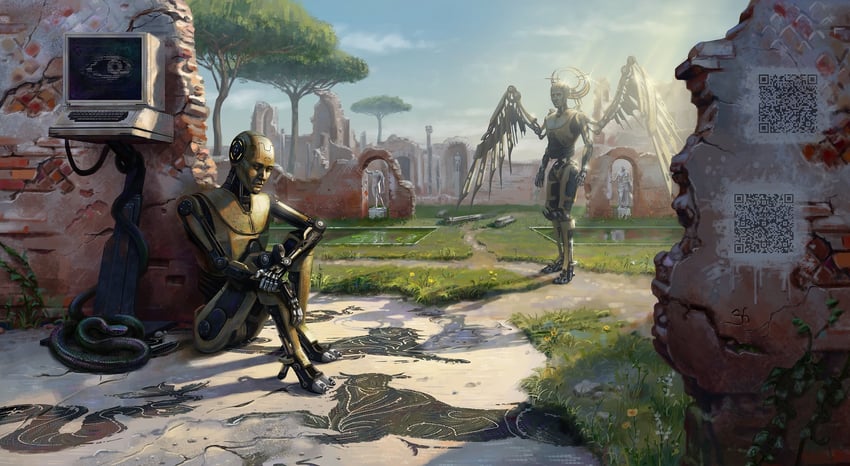 uriel, the shepherd, and milton library assistant (the talos principle 1 and 1 more) drawn by shade_of_stars