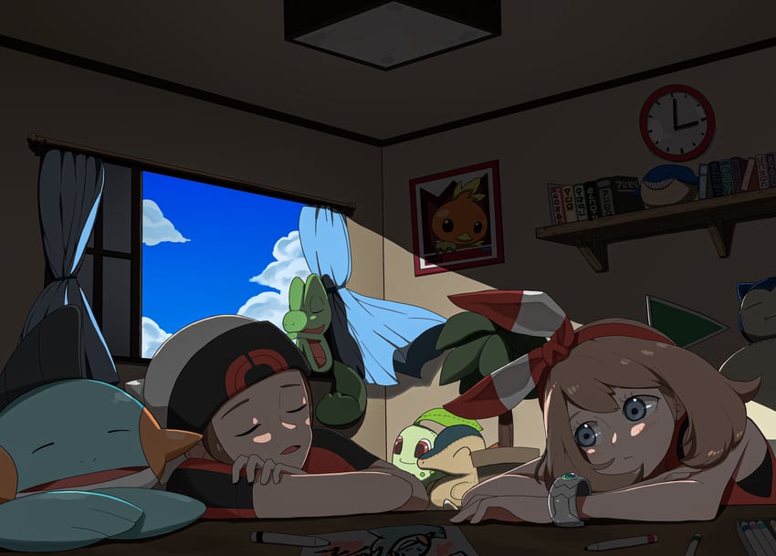 may, brendan, cyndaquil, torchic, chikorita, and 4 more (pokemon and 1 more) drawn by baeming