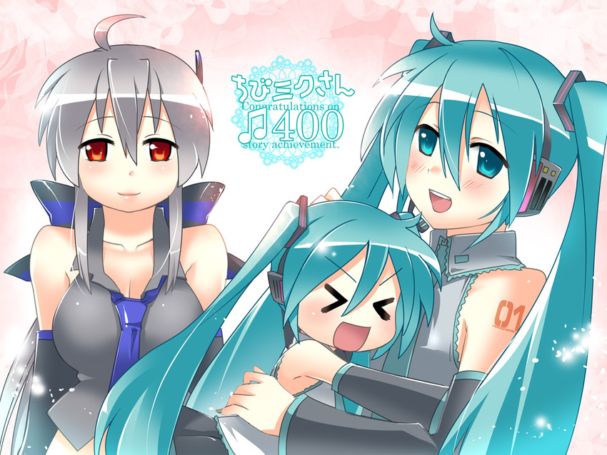 hatsune miku, yowane haku, and chibi miku (vocaloid) drawn by caffein