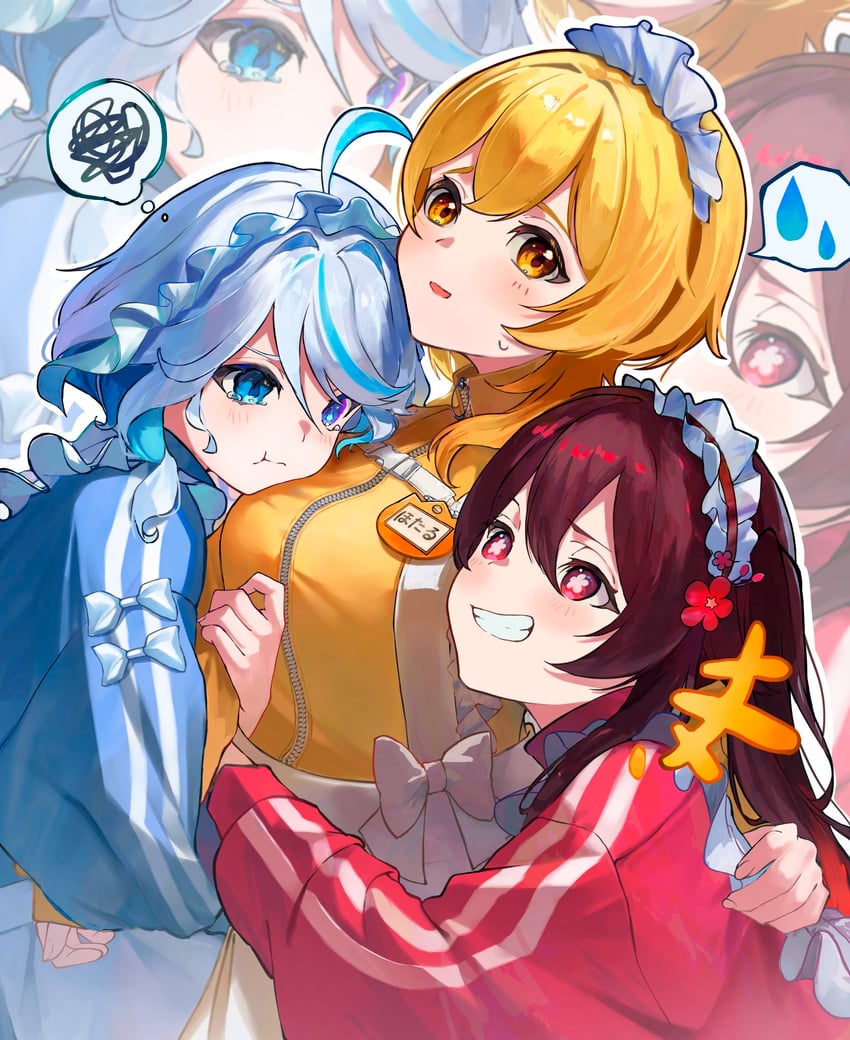 lumine, hu tao, and furina (genshin impact) drawn by potetwo_2