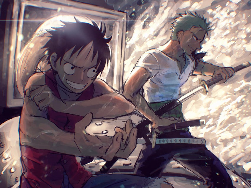 monkey d. luffy and roronoa zoro (one piece) drawn by urasanmyaku