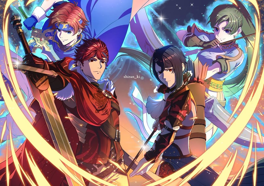 alcryst, diamant, lyn, and roy (fire emblem and 3 more) drawn by shiran_ki