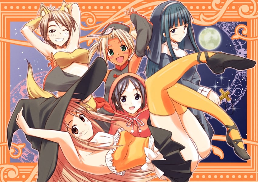 little red riding hood, narusegawa naru, maehara shinobu, aoyama motoko, konno mitsune, and 1 more (little red riding hood and 1 more) drawn by nirap