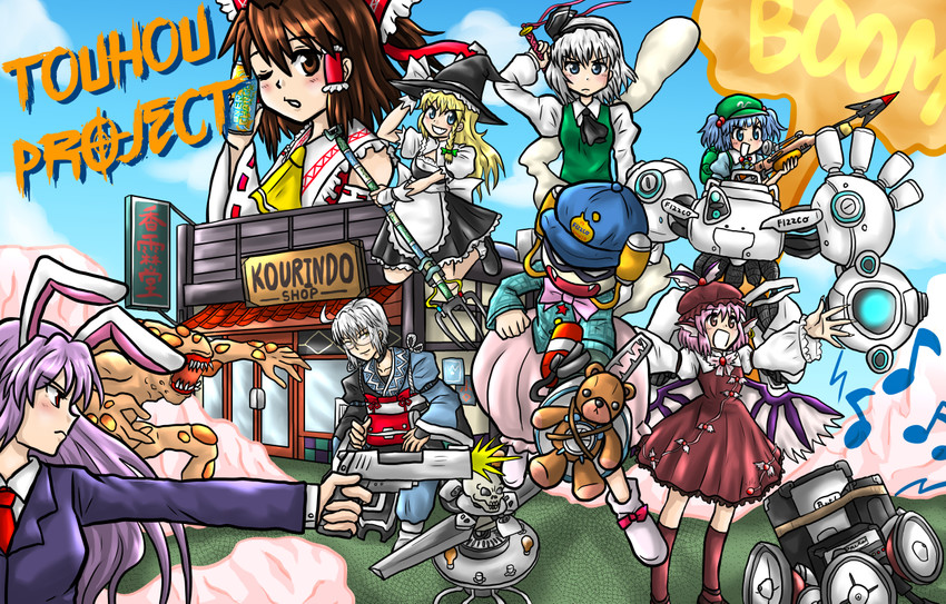 hakurei reimu, kirisame marisa, konpaku youmu, reisen udongein inaba, kawashiro nitori, and 3 more (touhou and 1 more) drawn by enokuma_uuta