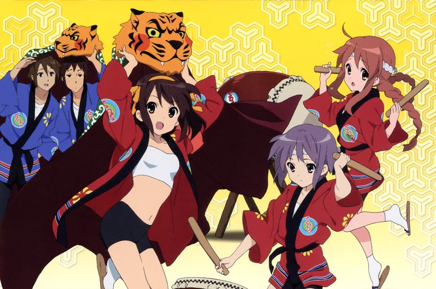 suzumiya haruhi, nagato yuki, asahina mikuru, kyon, and koizumi itsuki (suzumiya haruhi no yuuutsu) drawn by horiguchi_yukiko
