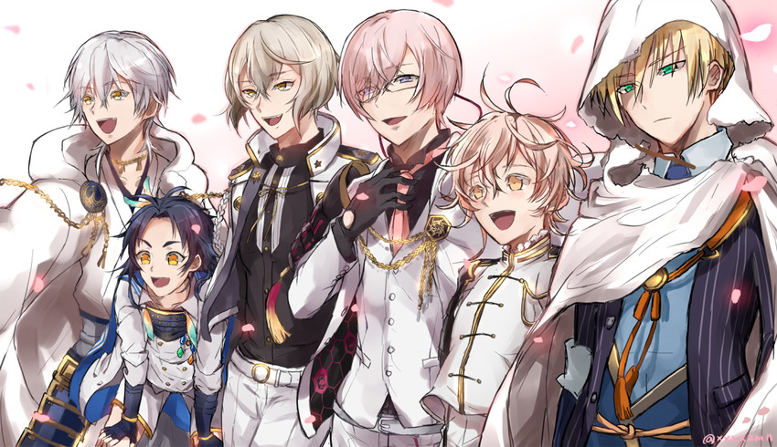 tsurumaru kuninaga, yamanbagiri kunihiro, higekiri, taikogane sadamune, monoyoshi sadamune, and 1 more (touken ranbu) drawn by suna_(sngm025)