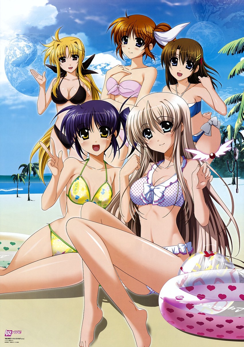 fate testarossa, takamachi nanoha, yagami hayate, raising heart, lily-strosek, and 2 more (lyrical nanoha and 2 more) drawn by higa_yukari