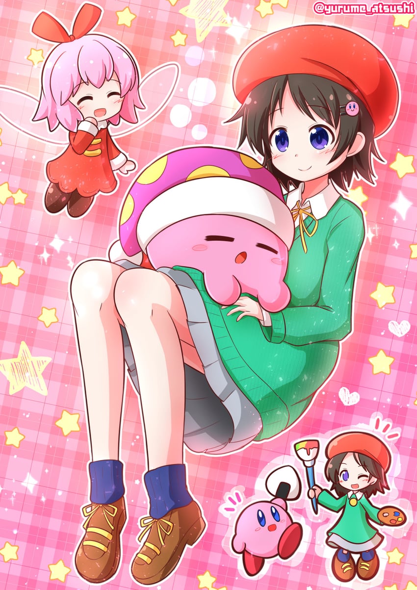 kirby, adeleine, ribbon, and sleep kirby (kirby and 1 more) drawn by yurume_atsushi