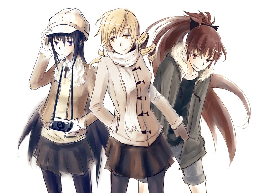 akemi homura, sakura kyoko, and tomoe mami (mahou shoujo madoka magica) drawn by die_(die0118)
