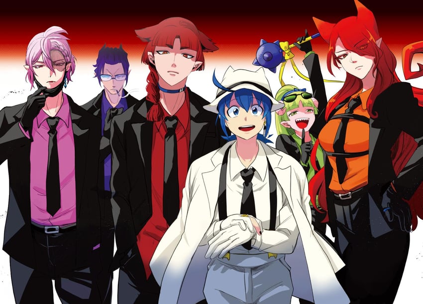 suzuki iruma, valac clara, azazel ameri, asmodeus alice, naberius kalego, and 1 more (mairimashita! iruma-kun)