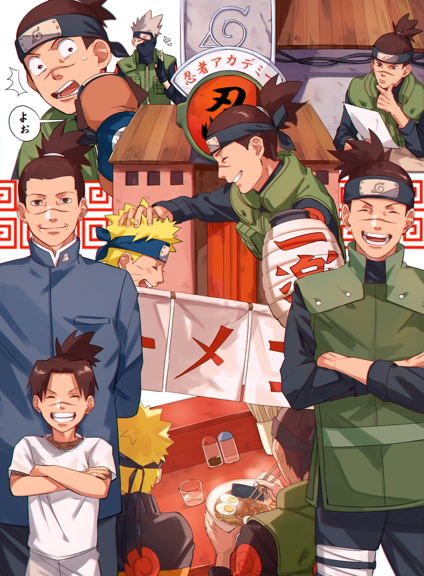 uzumaki naruto, hatake kakashi, umino iruka, and pakkun (naruto and 1 more) drawn by mirin_(coene65)