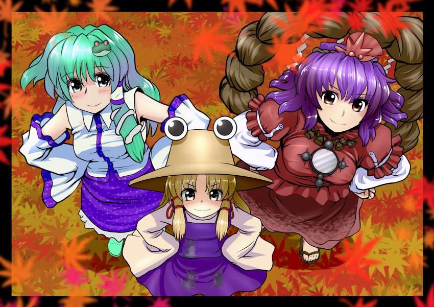 kochiya sanae, moriya suwako, and yasaka kanako (touhou) drawn by ishikkoro