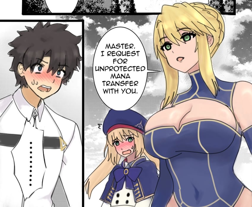 artoria pendragon, fujimaru ritsuka, and artoria caster (fate and 1 more) drawn by raskasar