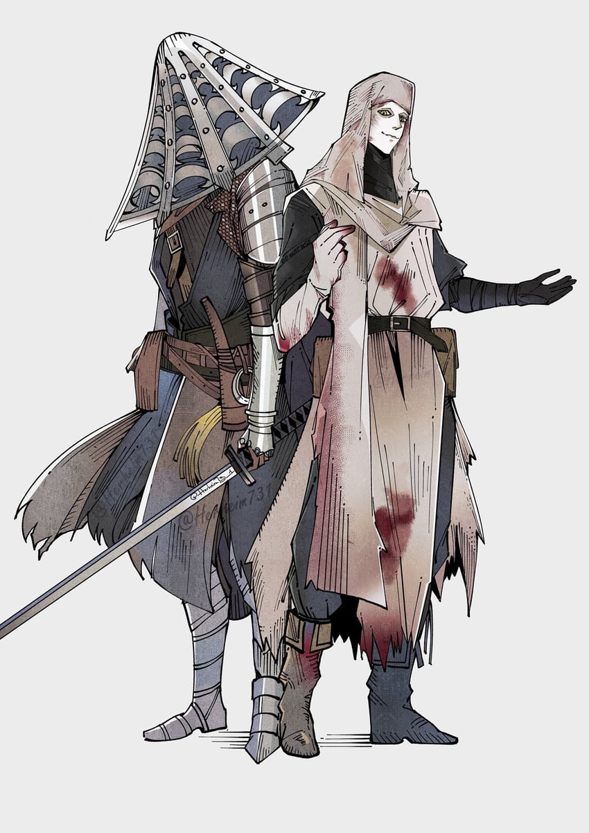 white-faced varre and bloody finger hunter yura (elden ring) drawn by herheim