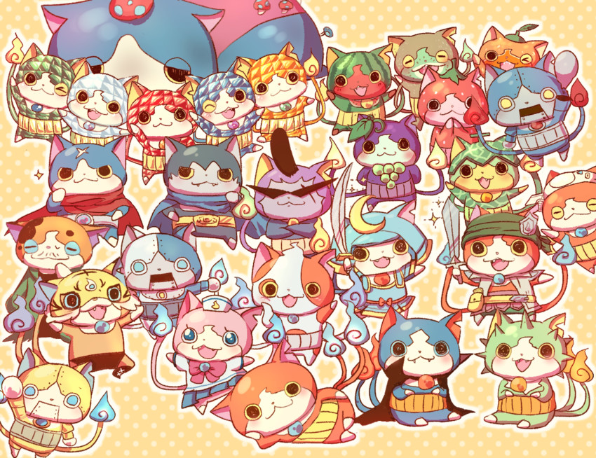 jibanyan, fuyunyan, robonyan, bushinyan, togenyan, and 23 more (youkai watch and 1 more) drawn by umi_(srtm07)