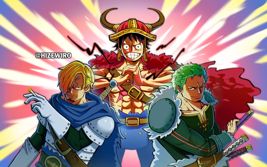 monkey d. luffy, roronoa zoro, and sanji (one piece) drawn by wize_(hizewiro)