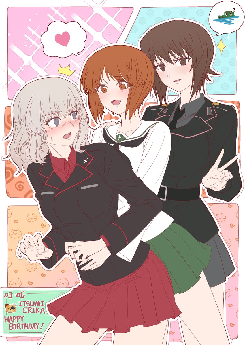 nishizumi miho, nishizumi maho, itsumi erika, and boko (girls und panzer) drawn by nekounko