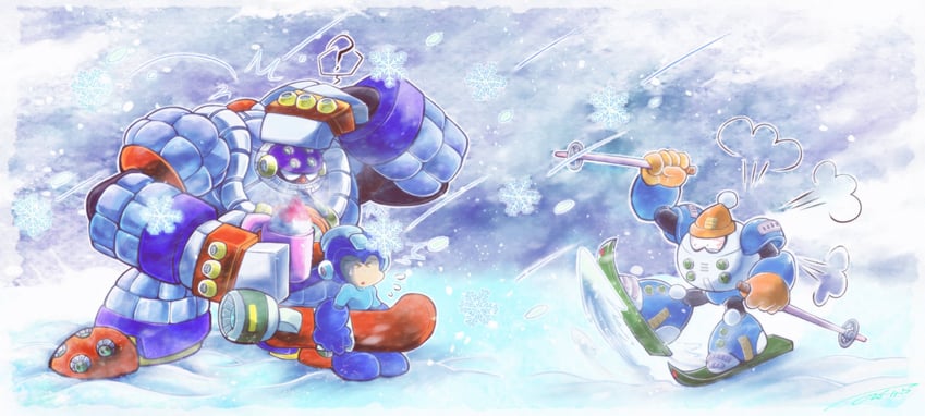 mega man, blizzard man, and frost man (mega man and 2 more) drawn by nongura