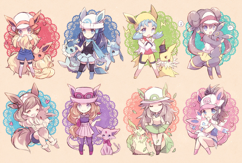 dawn, may, rosa, hilda, eevee, and 12 more (pokemon and 8 more) drawn by kabocha_torute
