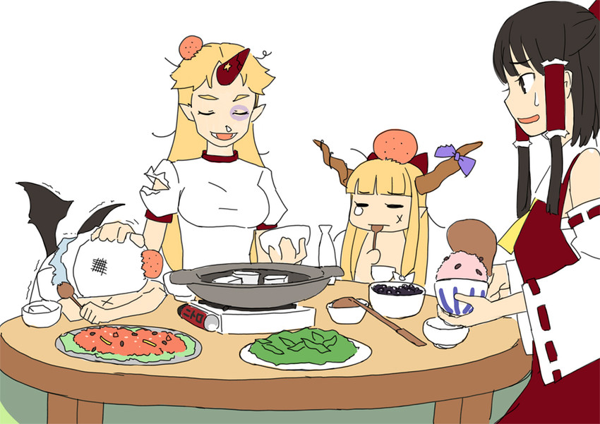 hakurei reimu, remilia scarlet, ibuki suika, and hoshiguma yuugi (touhou) drawn by heibonkaeru