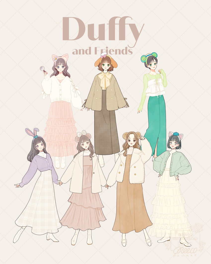 duffy the disney bear, shelliemay, stellalou, gelatoni, cookieann, and 2 more (duffy and friends) drawn by meecosme