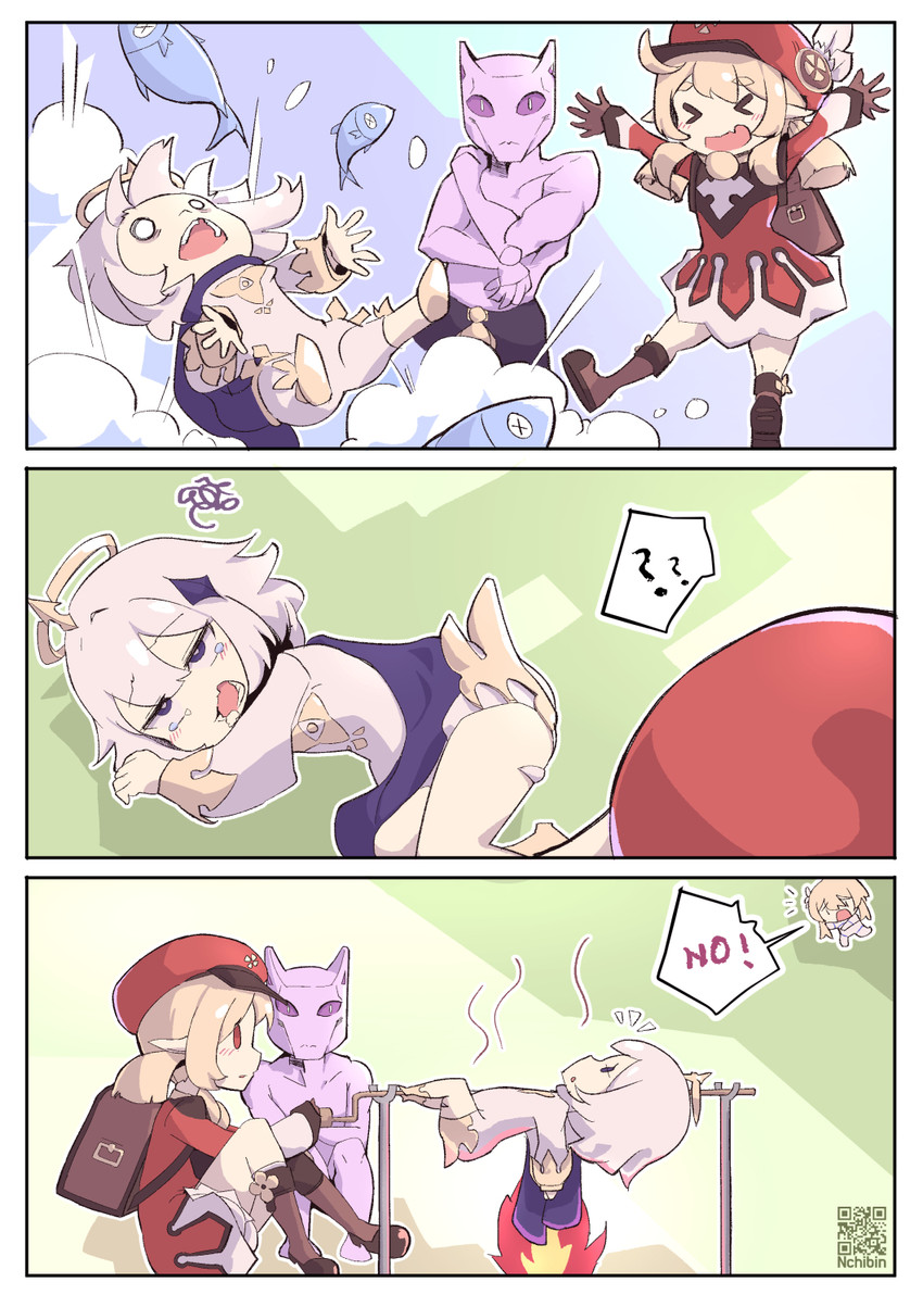 lumine, paimon, klee, and killer queen (genshin impact and 2 more) drawn by h.b