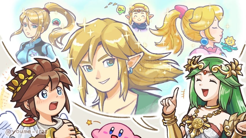 link, princess zelda, kirby, princess peach, samus aran, and 5 more (the legend of zelda and 8 more) drawn by suruga_kanade