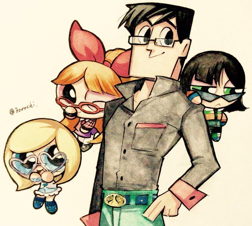 buttercup, blossom, bubbles, and professor utonium (powerpuff girls) drawn by 3orochi