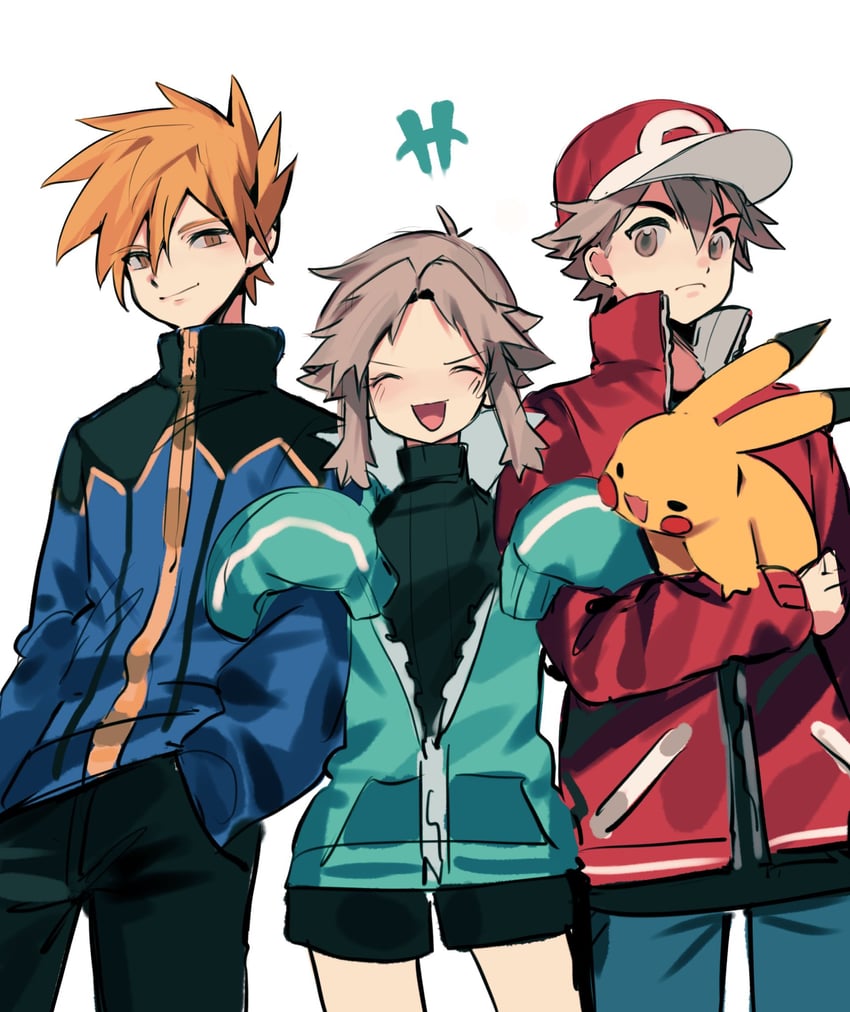 pikachu, red, blue oak, and leaf (pokemon and 1 more) drawn by ki2ri5