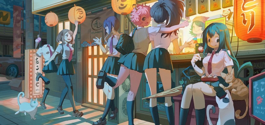 uraraka ochaco, asui tsuyu, yaoyorozu momo, ashido mina, jiro kyoka, and 1 more (boku no hero academia) drawn by biebie_(xmiisme)
