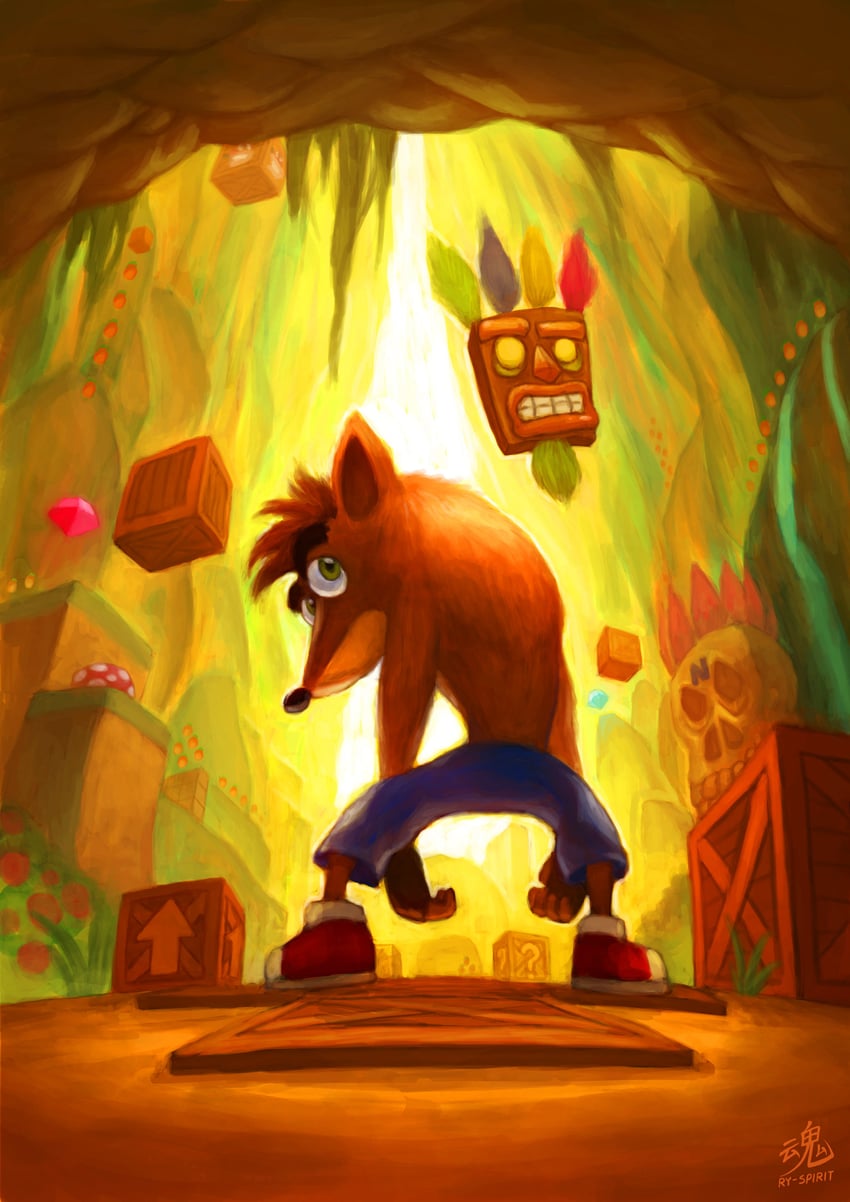 crash bandicoot and aku aku (crash bandicoot) drawn by ry-spirit