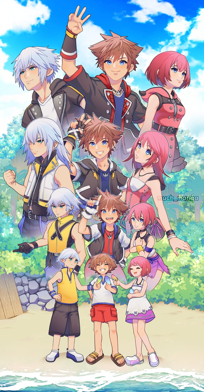 sora, kairi, and riku (kingdom hearts and 4 more) drawn by much_manga
