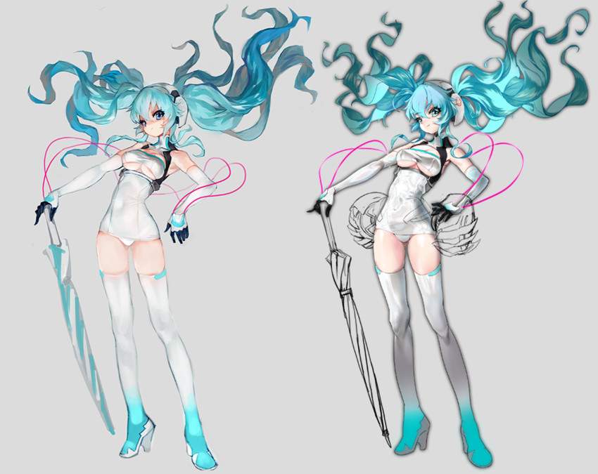 hatsune miku and racing miku (vocaloid and 1 more) drawn by yd_(orange_maru)