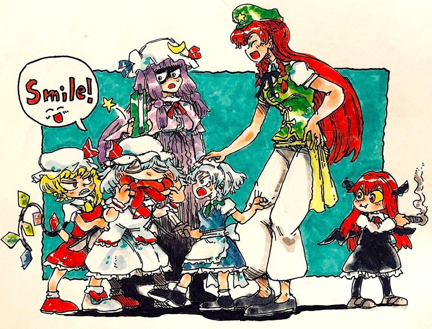 remilia scarlet, flandre scarlet, izayoi sakuya, patchouli knowledge, hong meiling, and 1 more (touhou) drawn by morisshii_(morishiey)