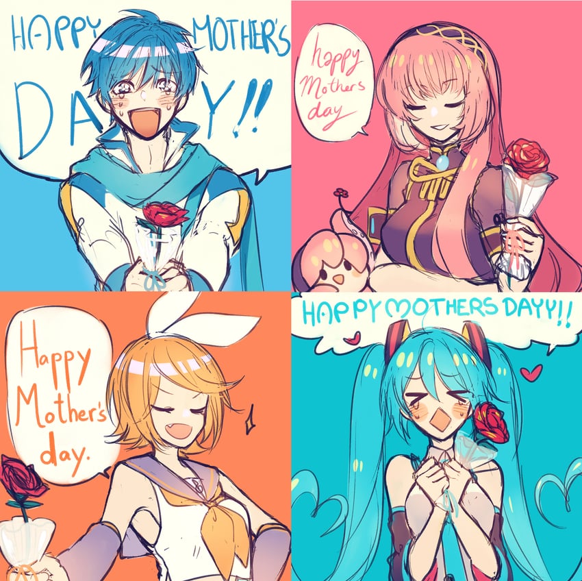 hatsune miku, kagamine rin, megurine luka, kaito, and takoluka (vocaloid) drawn by hikusa