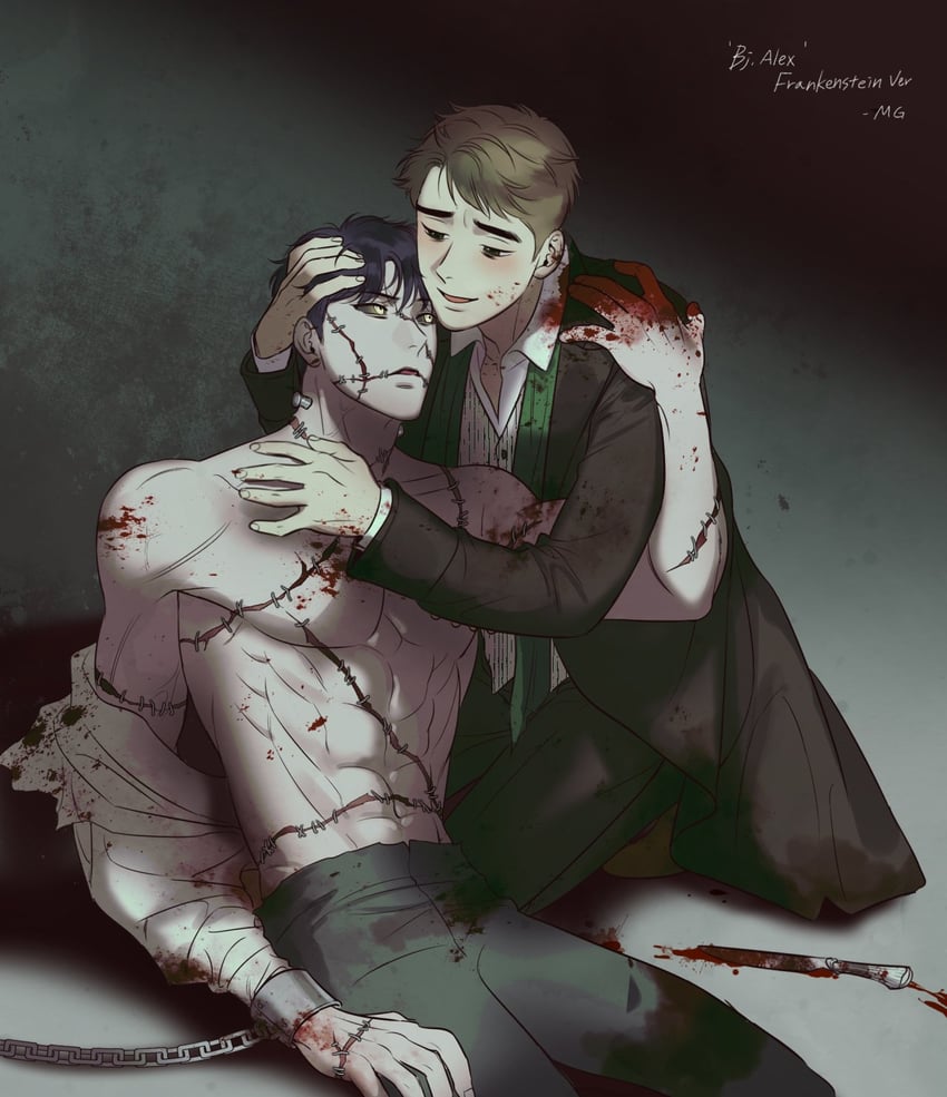 frankenstein's monster, ahn jiwon, and nam dongyun (bj alex) drawn by mingwa