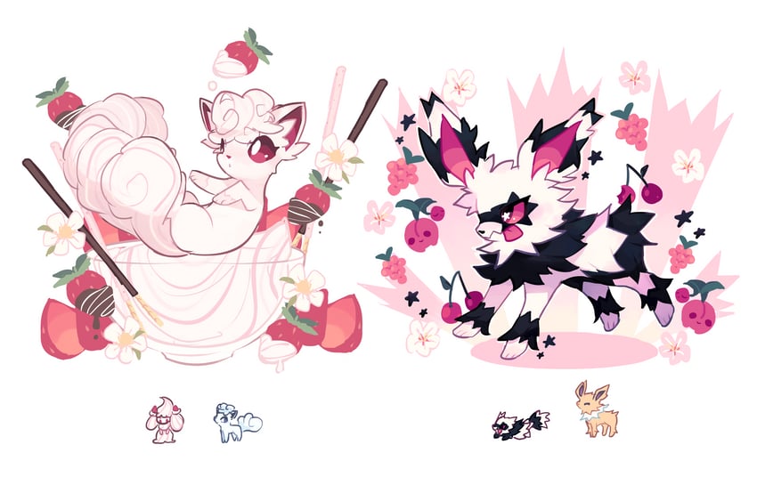 jolteon, alolan vulpix, alcremie, cherubi, and galarian zigzagoon (original and 1 more) drawn by charamells