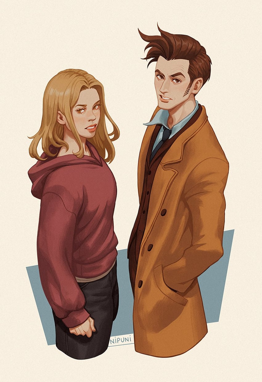 the doctor, tenth doctor, and rose tyler (doctor who) drawn by nipuni